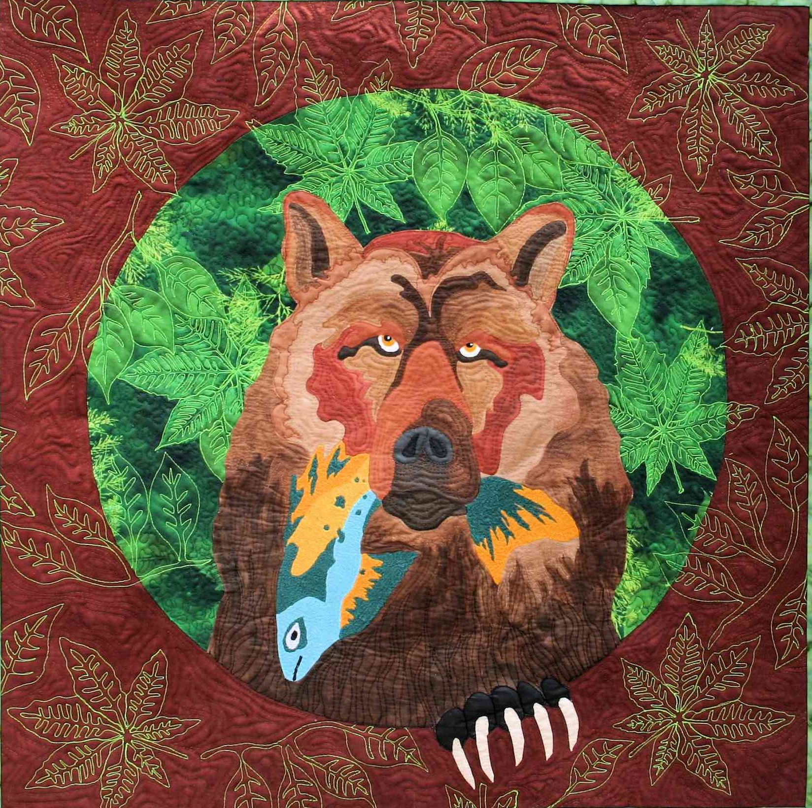 catch of the day is a fiber art work showing a smug
bear holding a fish he just caught for dinner.  This was a juried finalist in the Houston International Quilt 
Festival in 2014