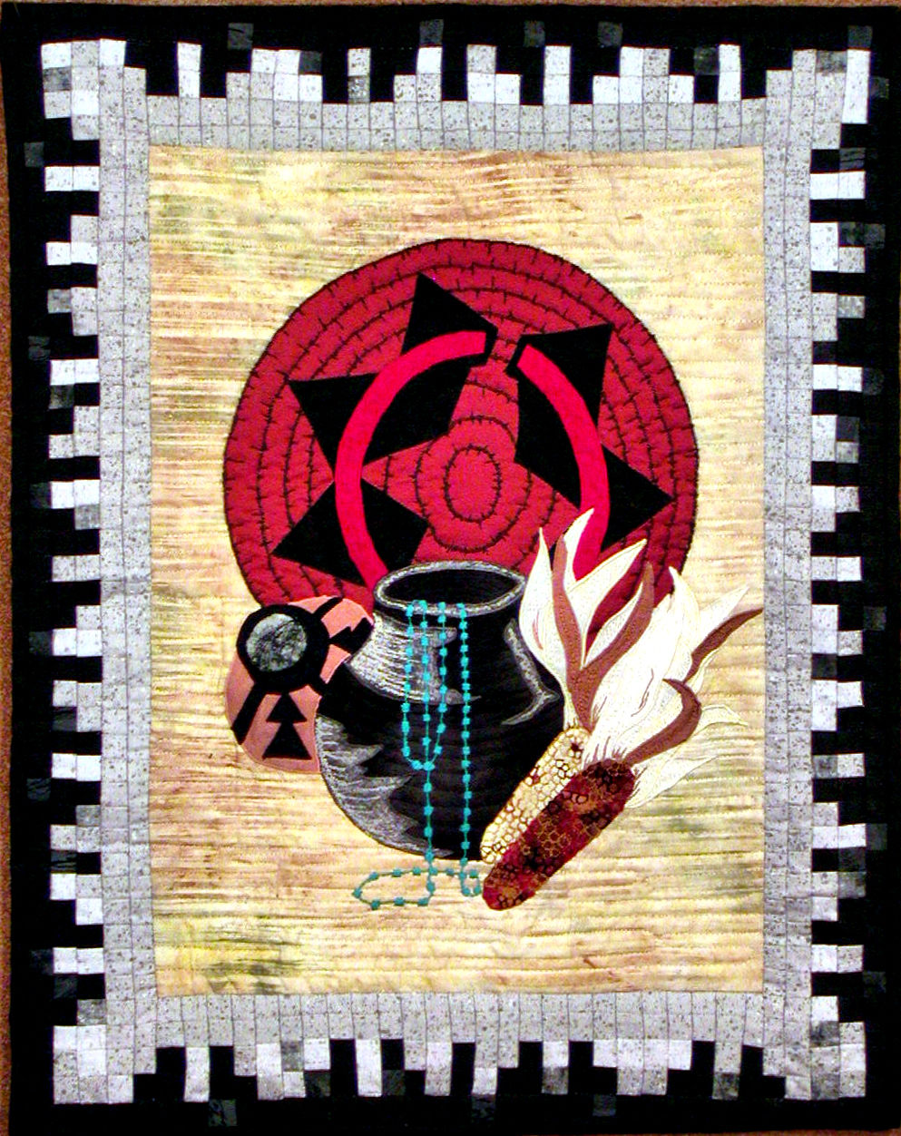 navajo still life small is a miniature fiber art work showing images of indian life such as pottery and
 dried corn and navajo basketry